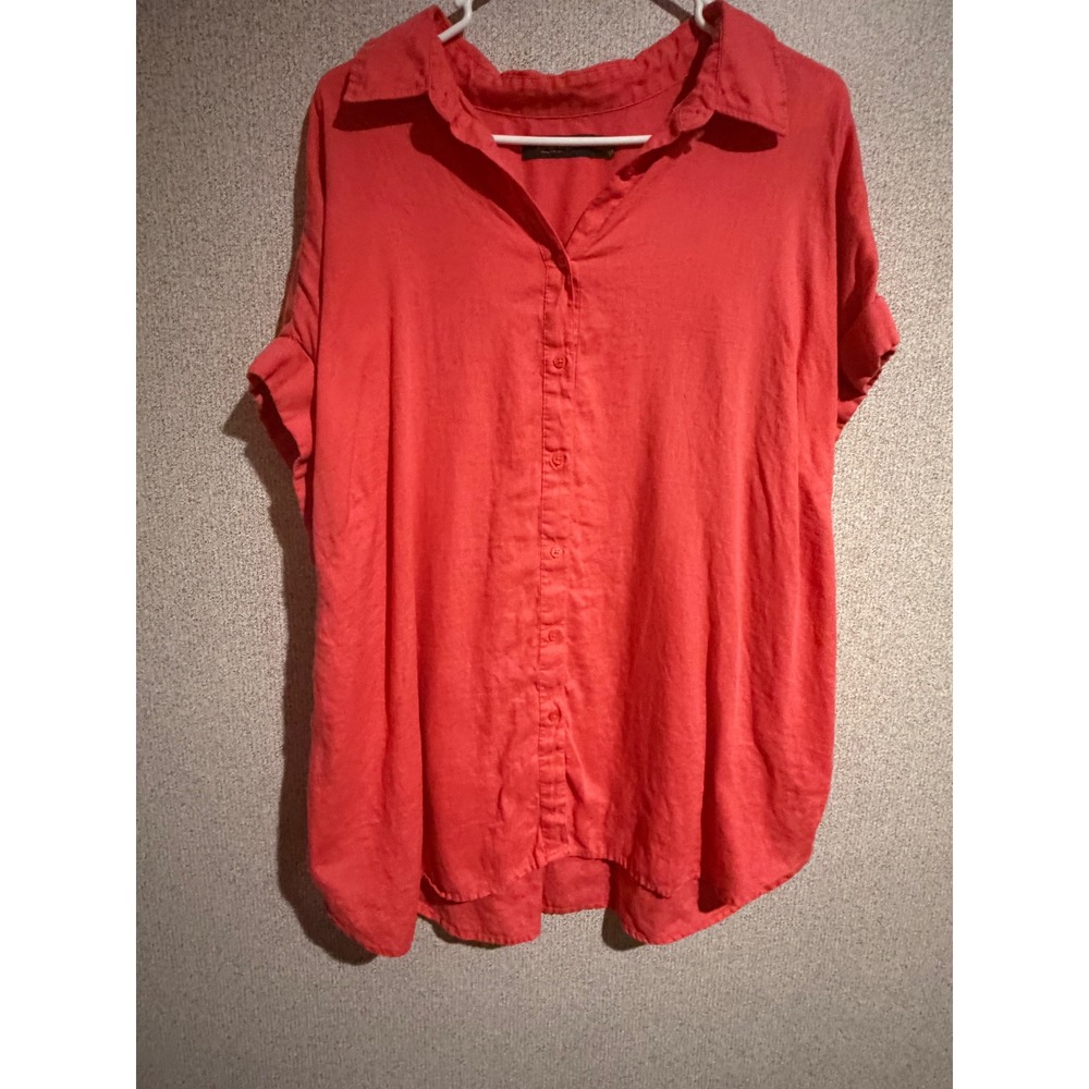 Lauren Ralph Lauren Women 2XCoral Pink 100% Linen Button Down Short Sleeve Shirt